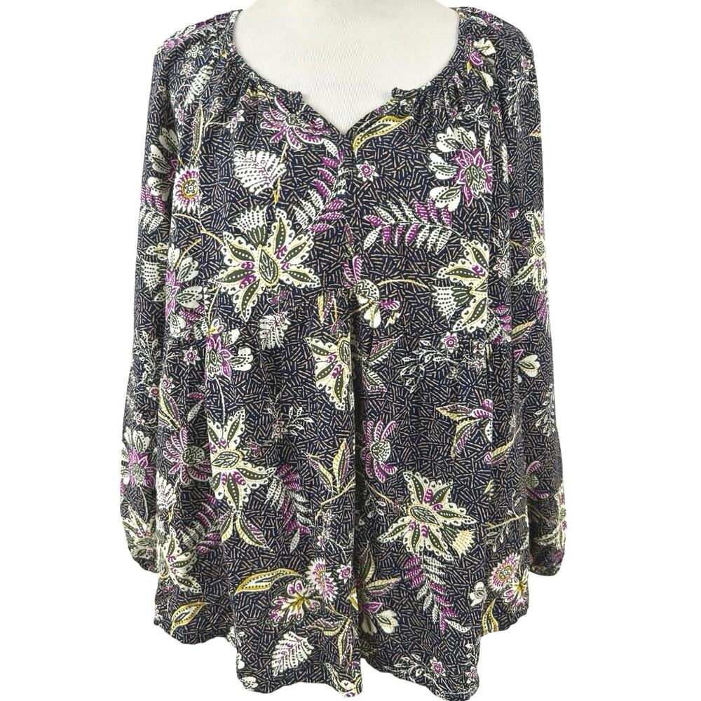 Old Navy Floral Boho Peasant Top Large Purple Long Sleeve Tunic Blouse